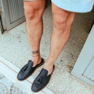 Babouches " Black Mamba " unisexes cuir noir , balgha upcyclé