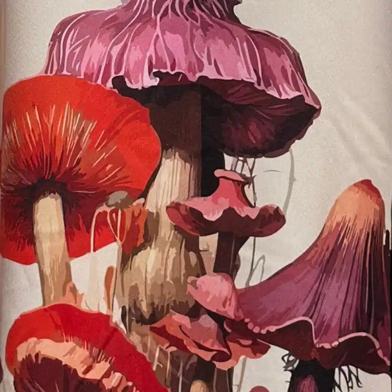 Kimono boho beige avec illustration mushroom avec du détails dans les mains et col noirs (2)