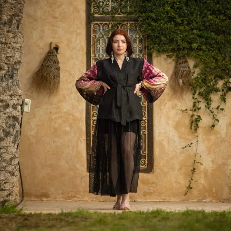 Kimono court à rayures avec manches colorées dégradées