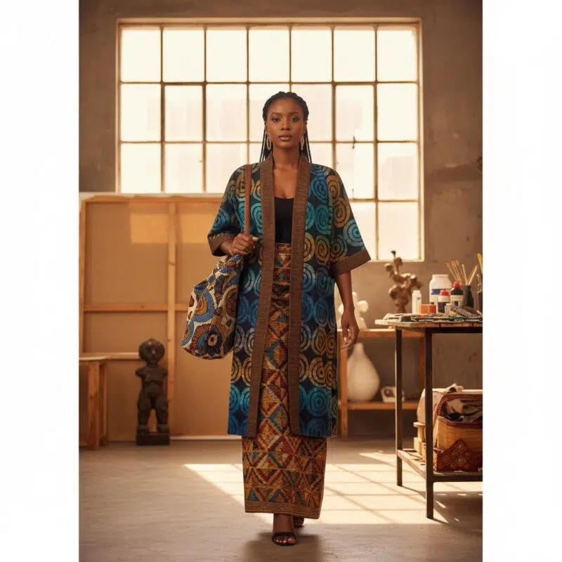 Kimono trois car en wax fleurette avec pagne tissè pour femme - Image optimisée