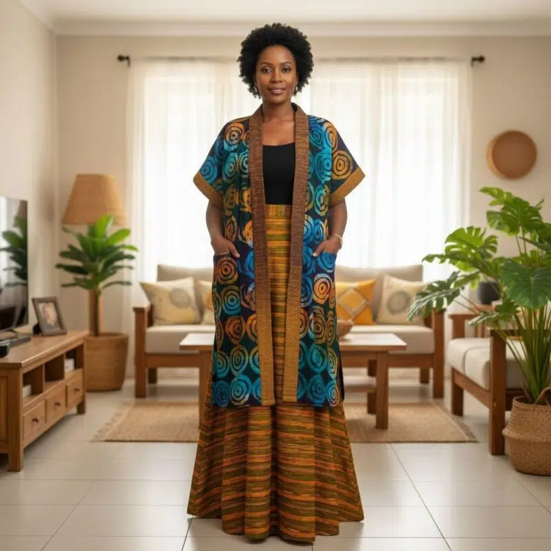 Kimono trois car en wax fleurette avec pagne tissè pour femme - Image générée 2