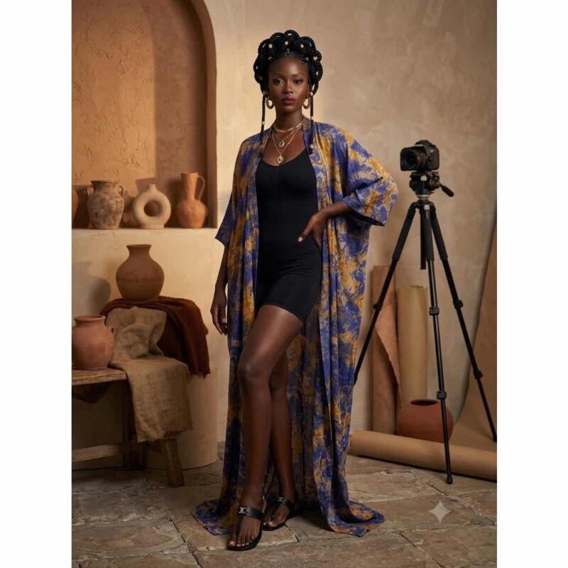 Kimono femme bleu beige élégant et léger